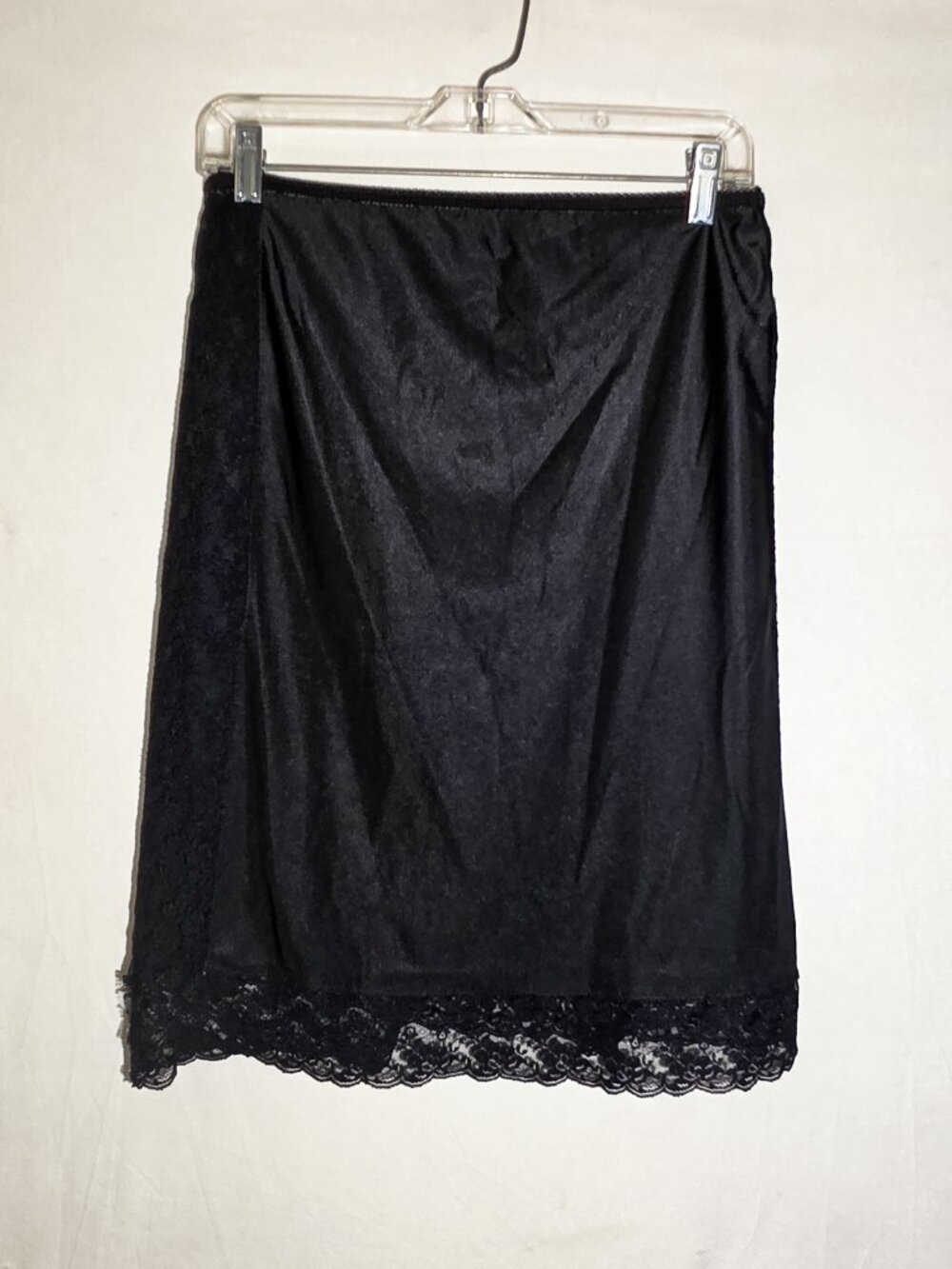 Small Vintage black silk satin slip skirt midi with lace trim hem
